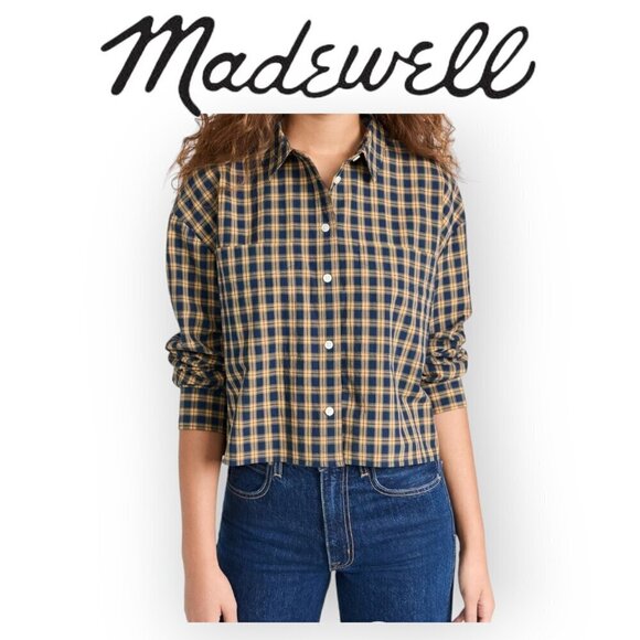 Madewell Oversized navy gold 100% cotton comfortable Plaid Crop Shirt Indigo L - Picture 1 of 12
